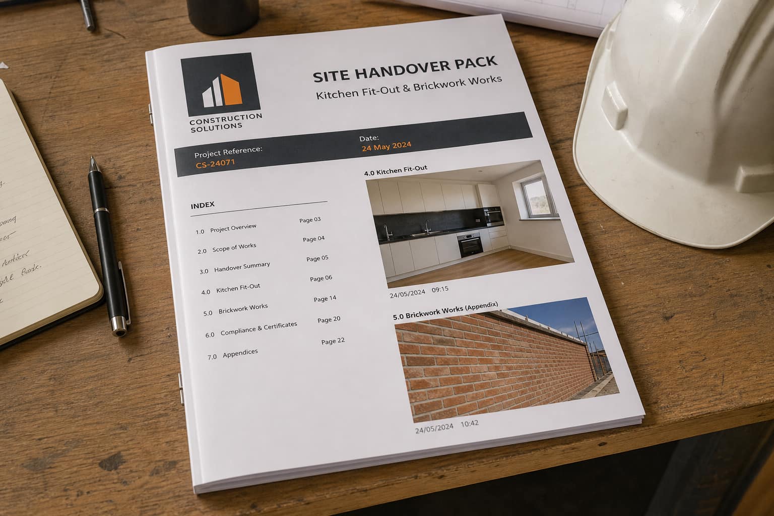 Printed handover pack with diary, timestamps, and photo appendix